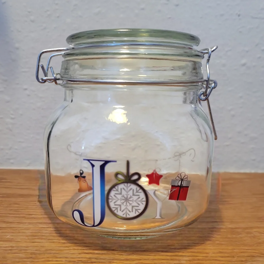Vtg Apothecary Canister Glass Jars Container Joy Christmas